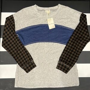 NWT hem & thread long sleeve women’s top plaid sleeves gray blue stripe small
